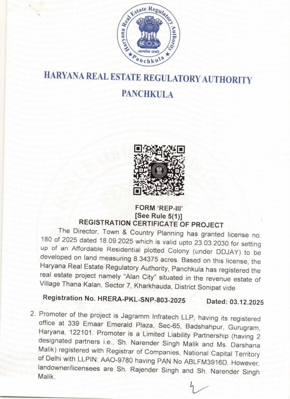 RERA Certificate of Alan City