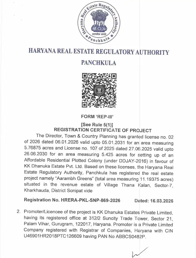 Rera For Aarambh Greens